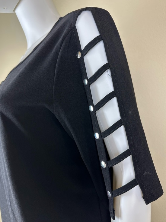 89th & Madison Black Short Sleeve Top with Ladder Cutouts and Button Accents - Picture 2 of 6